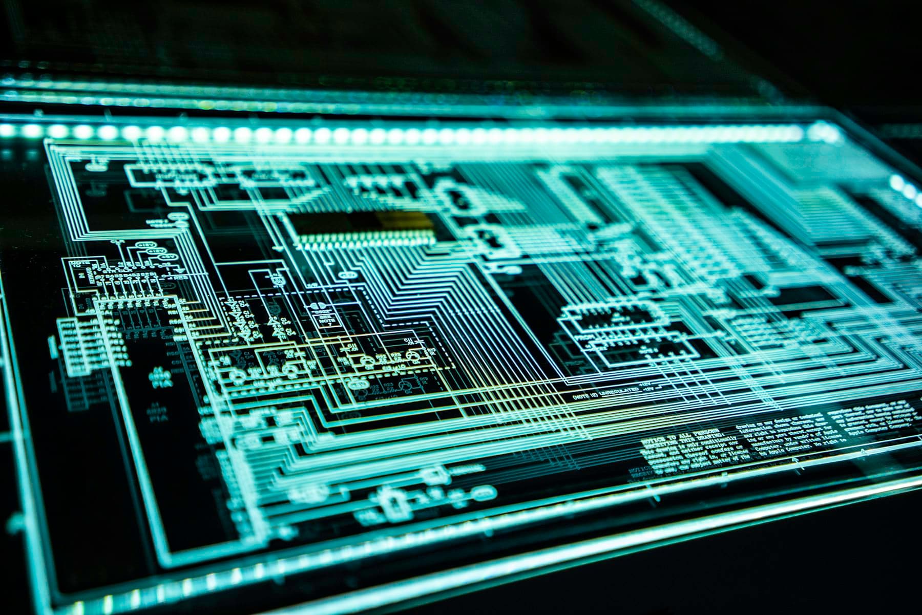Close-up of a glowing blue circuit board