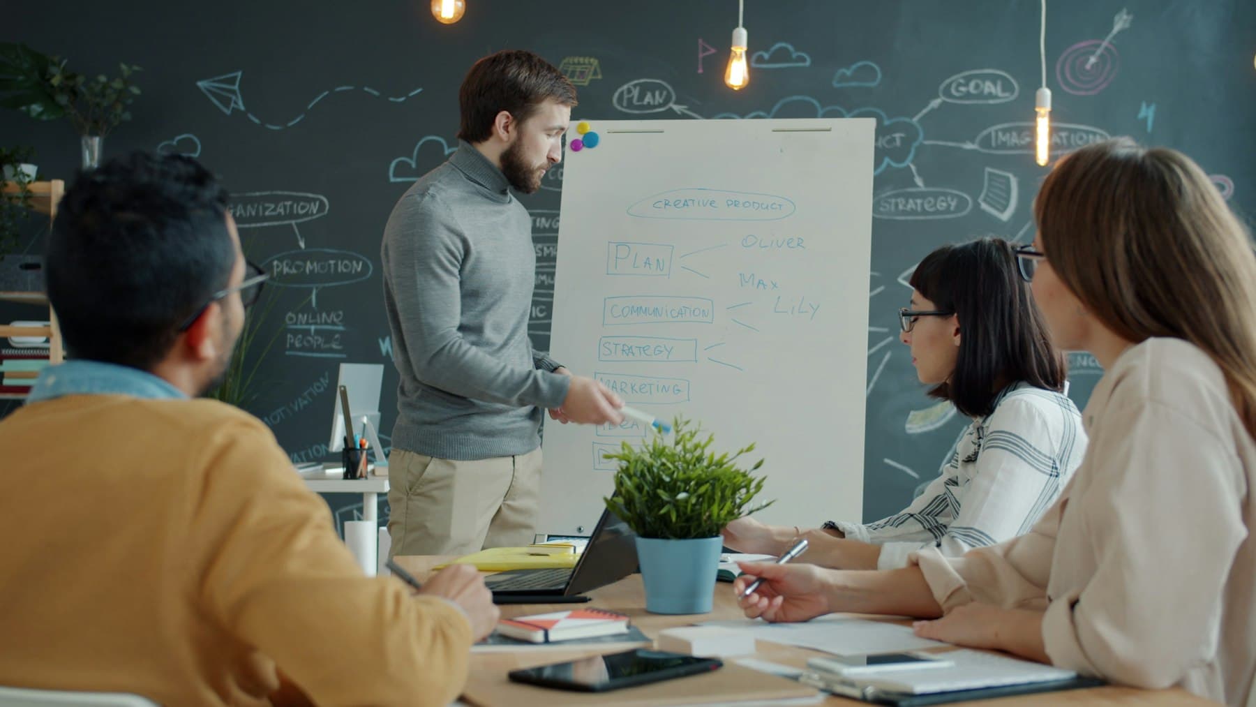 People reviewing a plan together around a whiteboard