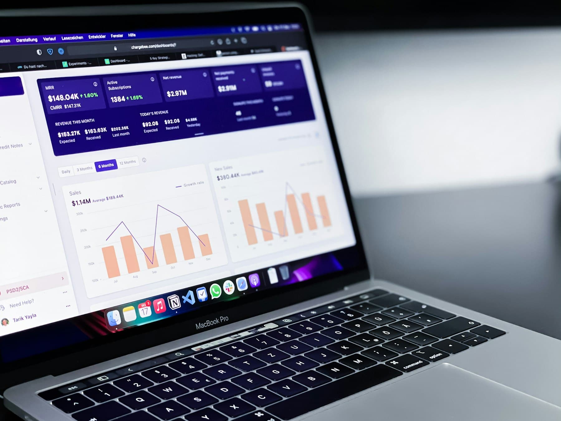 A laptop on a desk showing a dashboard of bar charts